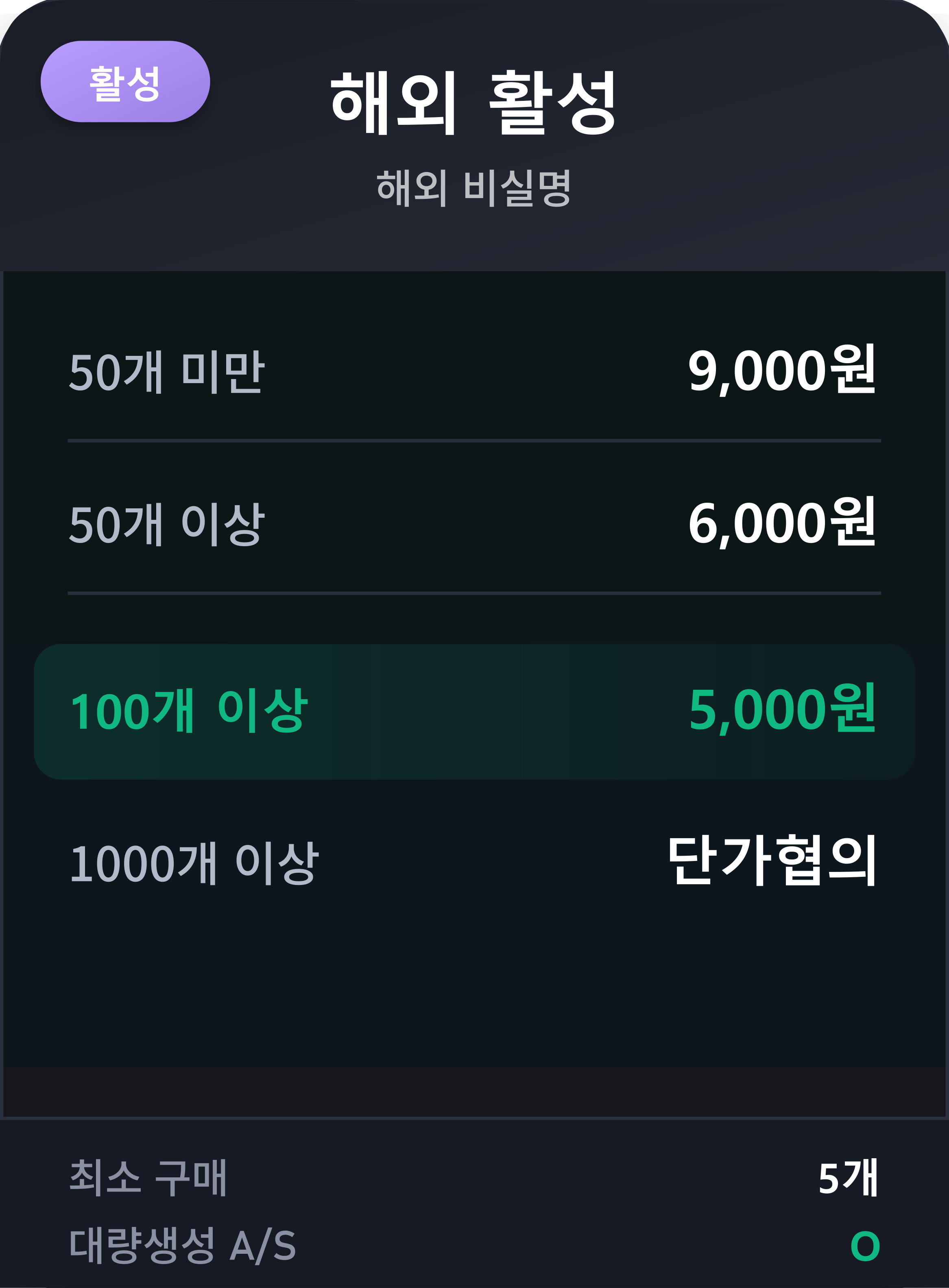 해외 활성 가격표